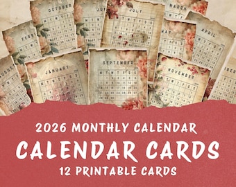 Vintage Red 2026 Monthly Calendar Cards - Printable Junk Journal Ephemera (12 cards) I JJ045