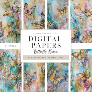 May include: A collection of eight digital papers featuring watercolor butterfly designs in shades of blue, yellow, orange, and pink. The papers are 8.5 x 11 inches and 300 DPI. Text on the image reads "DIGITAL PAPERS Butterfly Reverie".