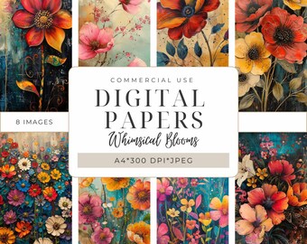 Whimsical Blooms Digital Papers – Bright Textured Flowers for Scrapbooking, Junk Journals, Printable Crafts & Mixed Media I A4 I DPMJ189