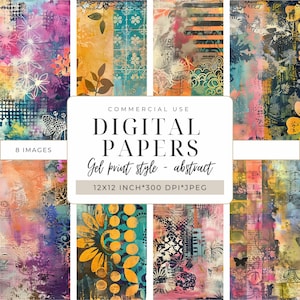 May include: Eight digital papers in a collage style with abstract designs. The papers are in various colours, including yellow, orange, blue, green, pink, and purple. The papers are 12x12 inches and 300 DPI. The text "COMMERCIAL USE DIGITAL PAPERS Gel print style - abstract 12X12 INCH*300 DPI*JPEG" is on the collage.