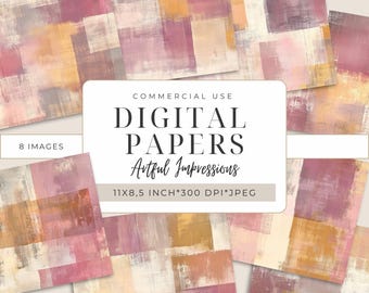 May include: A collection of eight digital papers with abstract brushstroke designs in shades of pink, peach, and gold. The papers are 11 x 8.5 inches and 300 DPI. The text on the image reads "DIGITAL PAPERS Artful Impressions Commercial Use".