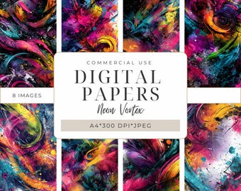 Neon Vortex Digital Papers Pack – Electric Abstract Backgrounds for Scrapbooking, Collage & Mixed Media Crafts | A4 I Printable | DPMJ199