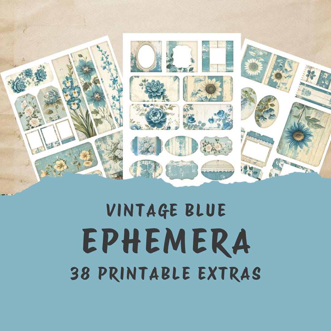 Vintage Blue Junk Journal Ephemera, 38 Extras Pack I Printable Ephemera ...