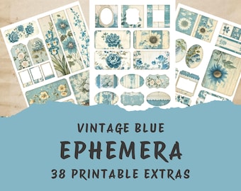 May include: A set of 38 printable vintage blue ephemera stickers featuring floral designs, frames, and labels. The stickers are perfect for scrapbooking, journaling, and other craft projects.