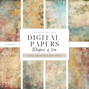 Puede incluir: Ocho imágenes de papel digital con una estética vintage y texturizada. Los papeles presentan una mezcla de colores, incluyendo beige, rosa y azul, con efectos desgastados. El texto "DIGITAL PAPERS Whispers of time" se muestra en un rectángulo blanco. Cada imagen mide 30,48 cm x 30,48 cm.