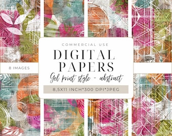 Puede incluir: Ocho papeles digitales en un estilo de impresión en gel con diseños abstractos. Los papeles presentan una variedad de colores, incluyendo rosa, verde, naranja y azul. Los papeles miden 8,5 por 11 pulgadas y 300 DPI.