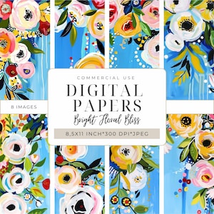 Arrière-plans floraux bleus audacieux, fleurs de jardin peintes à la main, motifs botaniques lumineux, papiers numériques 8,5 x 11 po. I DP512