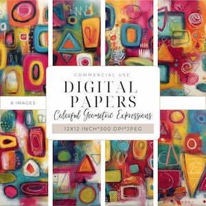 Può includere: Una collezione di otto carte digitali con disegni geometrici colorati. Le carte presentano forme astratte in vivaci tonalità di rosa, arancione, blu e giallo. Il testo sull'immagine recita "DIGITAL PAPERS" e "Colorful Geometric Expressions."