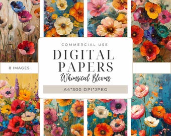 Whimsical Blooms Digital Papers – Painterly Floral Designs for Scrapbooking, Journals, Collage & Mixed Media Crafts I A4 I DPMJ190