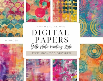 Digital Papers Pack | Gelli plate print style I Printable Scrapbooking Paper | DIY Crafts & Mixed Media I Background papers I 12 x 12 "
