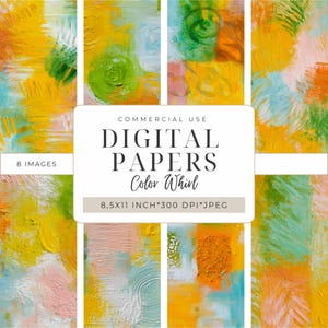 Könnte beinhalten: Eine Sammlung von acht digitalen Papieren mit abstrakter Kunst. Die Papiere zeigen eine Farbpalette aus Gelb, Grün, Blau und Rosa. Der Text auf dem Bild lautet "DIGITAL PAPERS Color Whirl 8,5x11 Zoll 300 DPI JPEG".