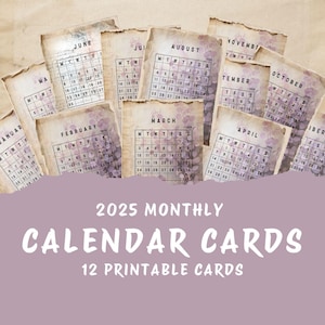 Tarjetas de calendario mensual 2025, eucalipto lila, vintage I Efímeras imprimibles I Diario basura I Manualidades de papel I Tarjetas de planificación I JJ025