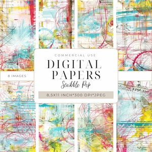 May include: A collection of eight digital papers with abstract designs. The papers feature a mix of colors, including red, yellow, blue, and white, with scribbled lines and watercolor-like textures. The text "DIGITAL PAPERS Scribble Pop" is displayed.
