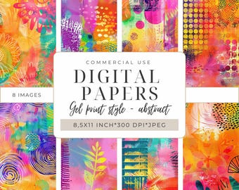 Puede incluir: Ocho papeles digitales con diseños abstractos en colores brillantes, incluyendo amarillo, naranja, rosa, verde y azul. Los papeles son de 8,5 por 11 pulgadas y 300 DPI. El texto "COMMERCIAL USE DIGITAL PAPERS Gel print style - abstract 8,5X11 INCH*300 DPI*JPEG" se muestra en la imagen.