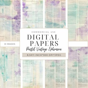 パープル＆ティールアンティークエフェメラデジタルペーパー - パステルインクヴィンテージ | ジャンクジャーナル背景 I スクラップブック、コラージュ、ミックスメディア I DPMJ208