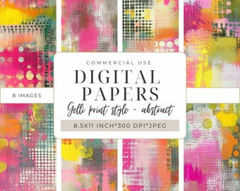 Puede incluir: Ocho papeles digitales con diseños abstractos de estilo Gelli print. Los papeles presentan una mezcla de colores brillantes, incluyendo rosa, amarillo, naranja y turquesa. Cada papel mide 21,59 x 27,94 cm y 300 DPI.