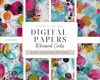 Puede incluir: Una colección de ocho papeles digitales con un diseño de círculos caprichosos. Los papeles presentan un diseño abstracto colorido con elementos rosas, azules, amarillos y negros. El texto de la imagen dice "DIGITAL PAPERS Whimsical Circles 8,5x11 pulgadas 300 DPI JPEG".
