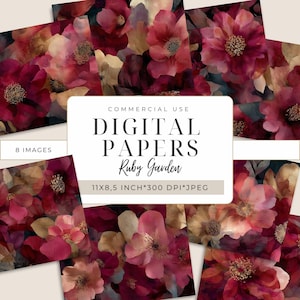 May include: A collection of digital papers featuring a floral pattern with deep ruby, pink, and gold tones. The central text reads: COMMERCIAL USE DIGITAL PAPERS Ruby Garden 11X8,5 INCH*300 DPI*JPEG. The background displays various blooming flowers.