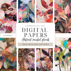 Abstrato pintado floral I Papéis digitais 12x12 " | Papel para scrapbook para impressão | Artesanato DIY e mídia mista I Papéis de fundo I vermelho I marrom