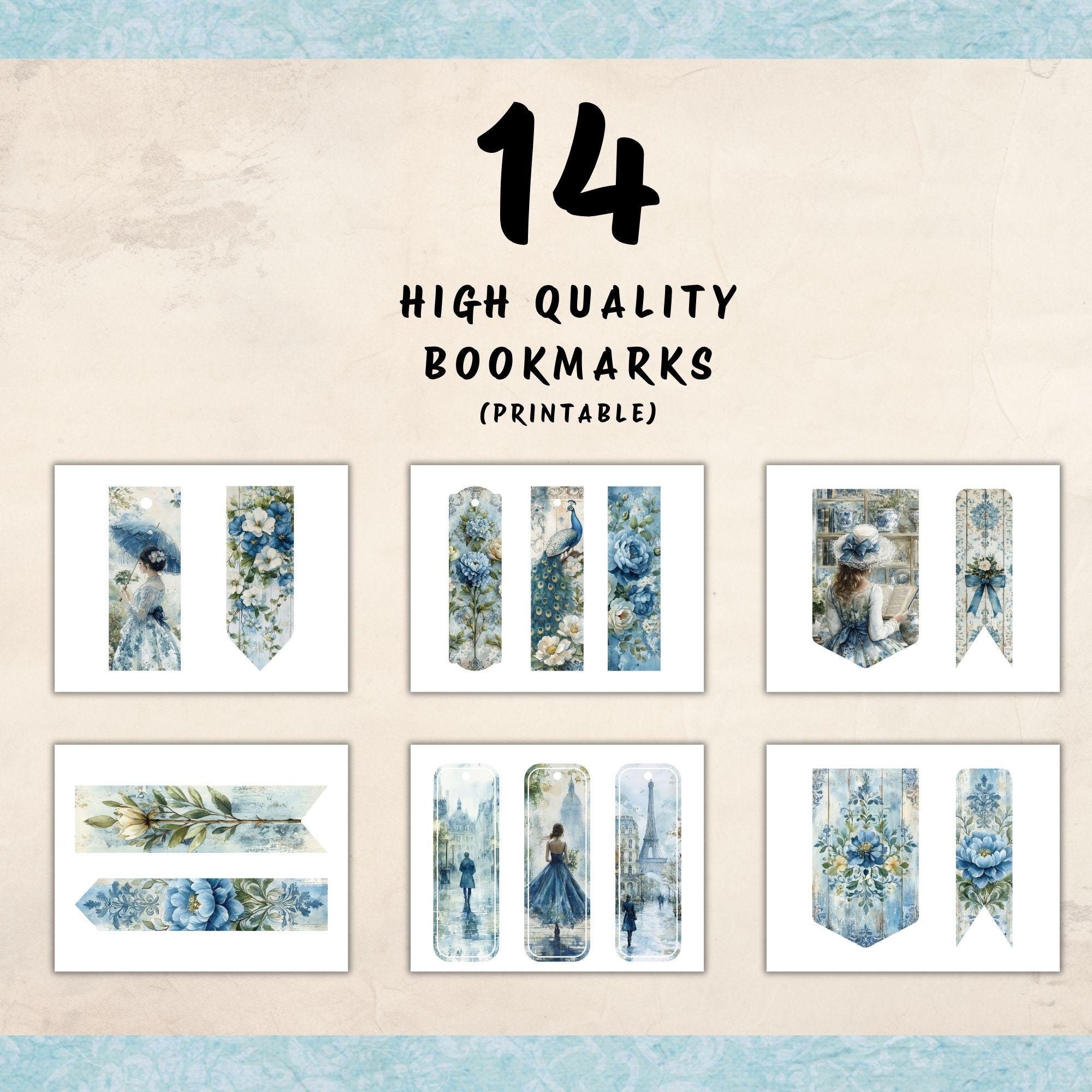 Blue Echoes Printable Bookmarks, Pack of 14, Junk Journal Ephemera ...