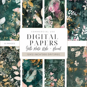 Papiers numériques style impression Gelli I motif floral I Papier imprimable pour scrapbooking | Créations artisanales et techniques mixtes I Papiers d'information I 12 x 12 pouces