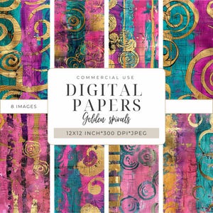 Può includere: Una collezione di otto carte digitali con un vivace design astratto. Le carte presentano un mix di colori magenta, verde acqua e oro con motivi a spirale e strutturati. Il testo sull'immagine recita "DIGITAL PAPERS Golden spirals 12x12 inch 300 DPI JPEG".