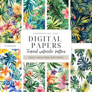 Carta digitale con motivi tropicali, stile acquerello I Album stampabile, collage, carta da sfondo / Fai da te e tecniche miste I DPMJ128