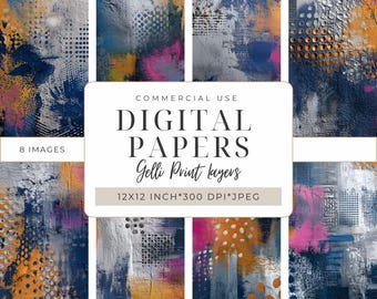 Puede incluir: Una colección de ocho papeles digitales con diseños de arte abstracto. Los papeles presentan una mezcla de colores como azul, naranja, rosa y blanco. Cada papel mide 30,48 x 30,48 cm y tiene 300 DPI. El texto de la imagen dice "DIGITAL PAPERS Gelli Print layers".