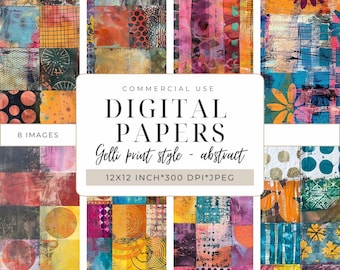 Puede incluir: Ocho papeles digitales en estilo collage con patrones y colores abstractos. Los papeles son de 30,5 x 30,5 cm y 300 DPI. El texto "COMMERCIAL USE DIGITAL PAPERS Gelli print style - abstract 12X12 INCH*300 DPI*JPEG" está en el collage.
