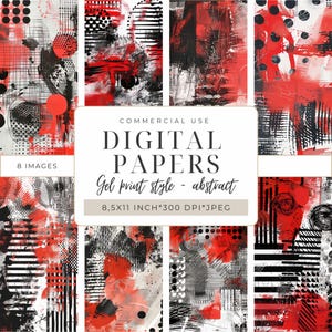 May include: Eight digital papers in a red, black, and white abstract gel print style. The papers are 8.5 by 11 inches and 300 DPI. They are for commercial use.