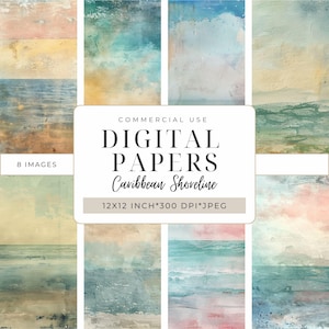 May include: Eight digital papers with a Caribbean shoreline theme. The papers feature abstract watercolor designs in shades of blue, green, and beige. The text "DIGITAL PAPERS Caribbean Shoreline" is displayed on a white rectangle. Each paper is 30.48 x 30.48 cm.