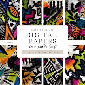 Op de afbeelding: Een verzameling van acht digitale papieren met neon scribble burst ontwerpen. Elk papier heeft een uniek abstract patroon met levendige kleuren zoals oranje, groen, roze en blauw. De papieren zijn 30,48 x 30,48 cm bij 300 DPI.