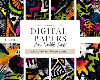 Neon Scribble Burst Digital Papers – 80s Graffiti Pop Art for Scrapbooking, Junk Journals, Printable Collage & Mixed Media Crafts I DPMJ191