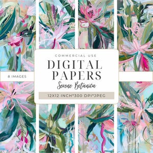 Puede incluir: Ocho imágenes de papel digital con temática botánica. La obra de arte presenta diseños florales abstractos en tonos rosa, verde azulado y verde. El texto de la imagen dice "DIGITAL PAPERS Sevene Botanica 12x12 inch 300 DPI JPEG".