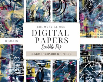 Digital Papers set: Abstract Scribbles & Dynamic Lines, printable backgrounds for Scrapbooking, Collage, Mixed Media, DIY, 8x5 x 11" I DP533
