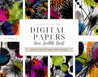 Neon Scribble Burst Digital Papers – 80s Graffiti Pop Art for Scrapbooking, Junk Journals, Printable Collage & Mixed Media Crafts I DPMJ194