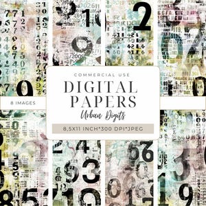 May include: Digital paper pack featuring eight images with a distressed, vintage aesthetic. The designs include numbers, text, and a mix of colors like green, blue, and beige. The text "DIGITAL PAPERS" and "Urban Digits" are visible.
