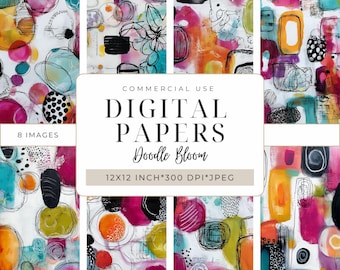 Puede incluir: Ocho imágenes de papel digital con arte abstracto en una variedad de colores, incluyendo rosa, naranja, amarillo y turquesa. Los diseños presentan formas orgánicas y elementos tipo garabato. El texto de la imagen dice "DIGITAL PAPERS Doodle Bloom 30,5x30,5 cm*300 DPI*JPEG".