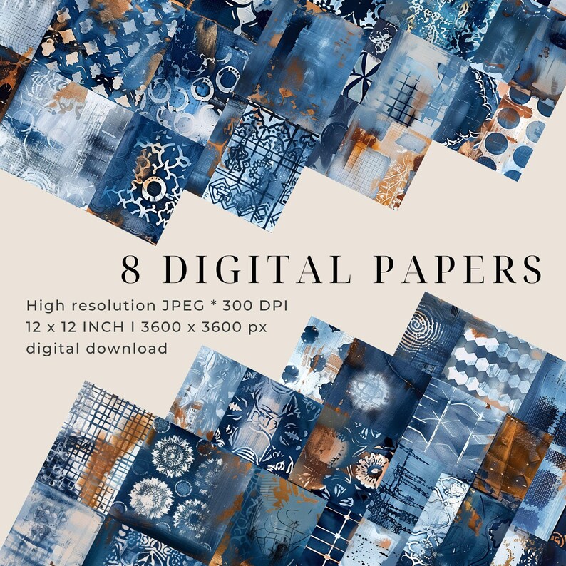 *8 high-quality digital papers
*Size: 12 x 12 inches (3600 x 3600 px)
*JPG file format, 300 DPI 
*Instant download, print-ready files
Rustic Indigo Patchwork: Digital Papers Set, Vintage Tiles & Patterns, printable Backgrounds for Scrapbooking, Collage, Mixed Media, DIY Crafts, 12x12 inch I DPMJ538