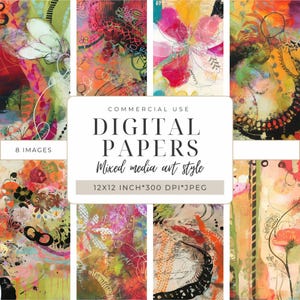 Papeles digitales de arte abstracto con técnica mixta / Papel para álbumes de recortes imprimible / Manualidades y técnica mixta I Papeles de fondo I Jardín floral arcoíris
