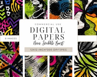 Neon Scribble Burst Digital Papers – 80s Graffiti Pop Art for Scrapbooking, Junk Journals, Printable Collage & Mixed Media Crafts I DPMJ192