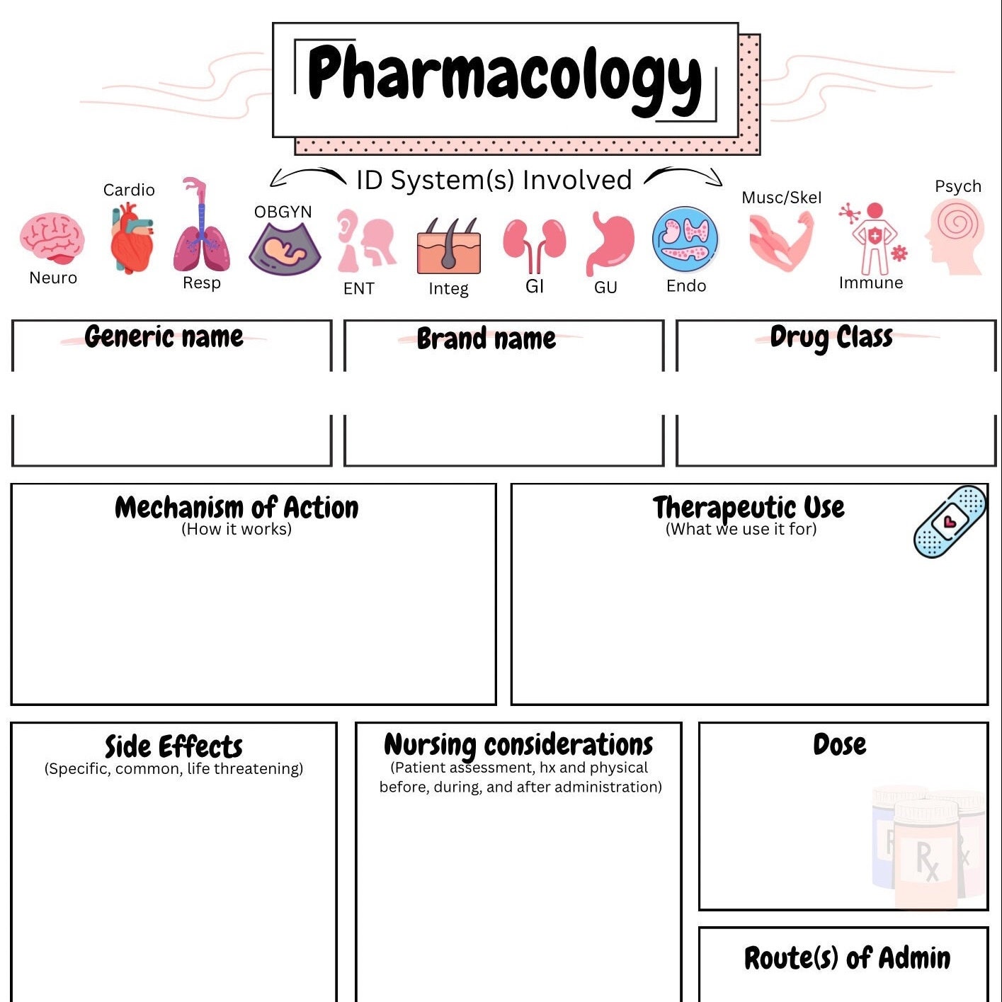 Printable Pharmacology Template | Nursing School Study Sheet | Study ...