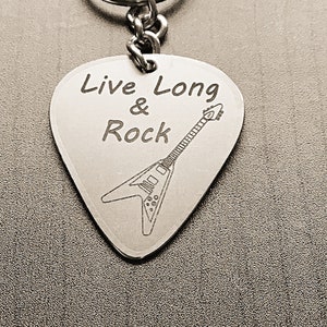 Guitar Keyring. Long Live Rock. Etched Stainless Steel. Two Sided with separate Designs. Silver Outline, Soft Gold Background and Black Text