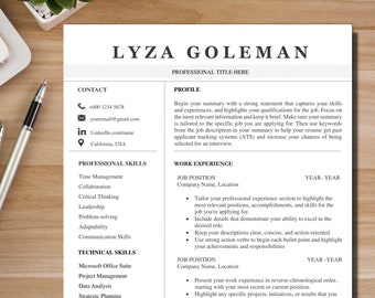 May include: A black and white resume template with the name Lyza Goleman at the top. The resume includes contact information, professional skills, technical skills, and work experience sections.