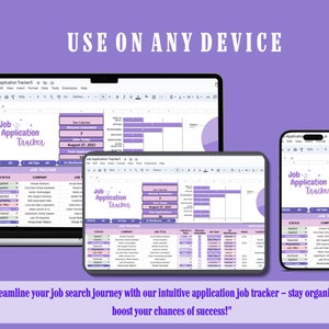 May include: A screenshot of a computer screen showing a spreadsheet with the title "Job Application Tracker". The spreadsheet is used to track job applications, including the company, job title, status, and date applied. The spreadsheet is open on a laptop, tablet, and smartphone, demonstrating that the tracker can be used on any device. The text "Streamline your job search journey with our intuitive application job tracker - stay organized and boost your chances of success!" is displayed at the bottom of the image.