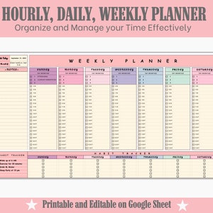 Puede incluir: Un planificador semanal imprimible con un fondo amarillo claro y encabezados coloridos para cada día de la semana. El planificador incluye secciones para la programación horaria, las principales prioridades y el seguimiento de los hábitos. El texto "Imprimible y editable en Google Sheet" está en la parte inferior del planificador.