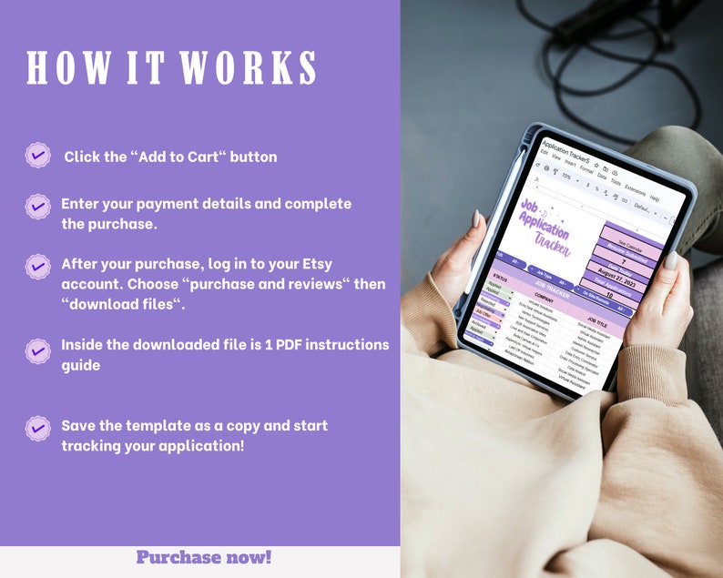 May include: A digital tablet displaying a job application tracker spreadsheet with a purple and pink color scheme. The spreadsheet includes columns for job title, company, date applied, and status. The text "Job Application Tracker" is displayed in a purple box at the top of the spreadsheet.