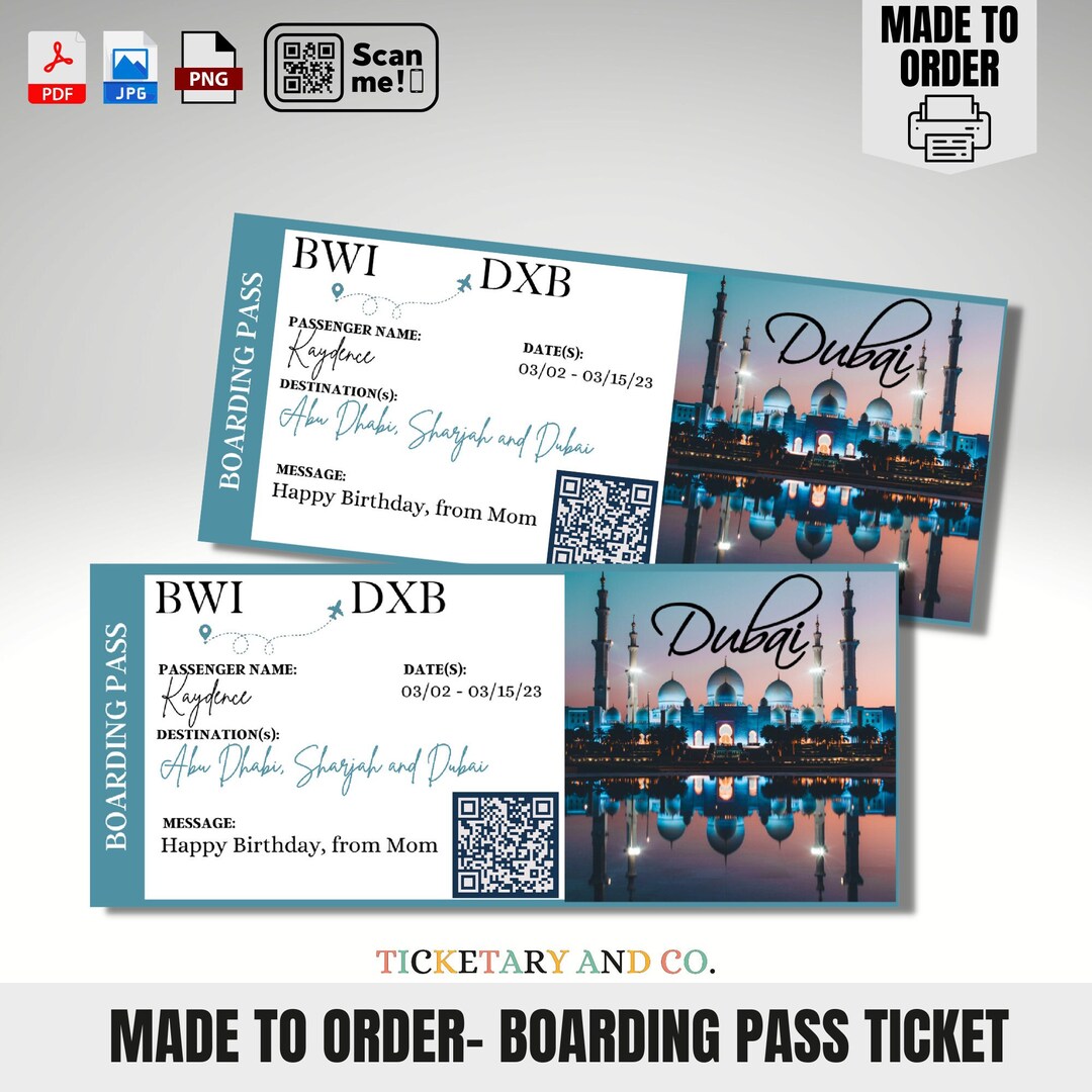 DUBAI Print at Home Ticket Boarding Pass Customizable Dubai Etsy