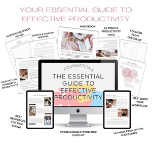 Puede incluir: Una guía de marketing digital titulada "La guía esencial para la productividad efectiva" con un fondo colorido. La guía incluye un kit descargable e imprimible, un truco de productividad de 25 minutos, una lista de verificación de flujo enfocado, una hoja de trucos y una sección para dominar tu flujo de trabajo.
