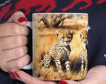 Coalition of Cheetahs coffee mug with cheetah pups - artistic decorative cup for home decor and cheetah lover